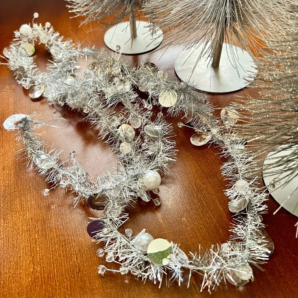 Silver pearl gem tinsel garland set of 11 beautiful holiday Christmas party